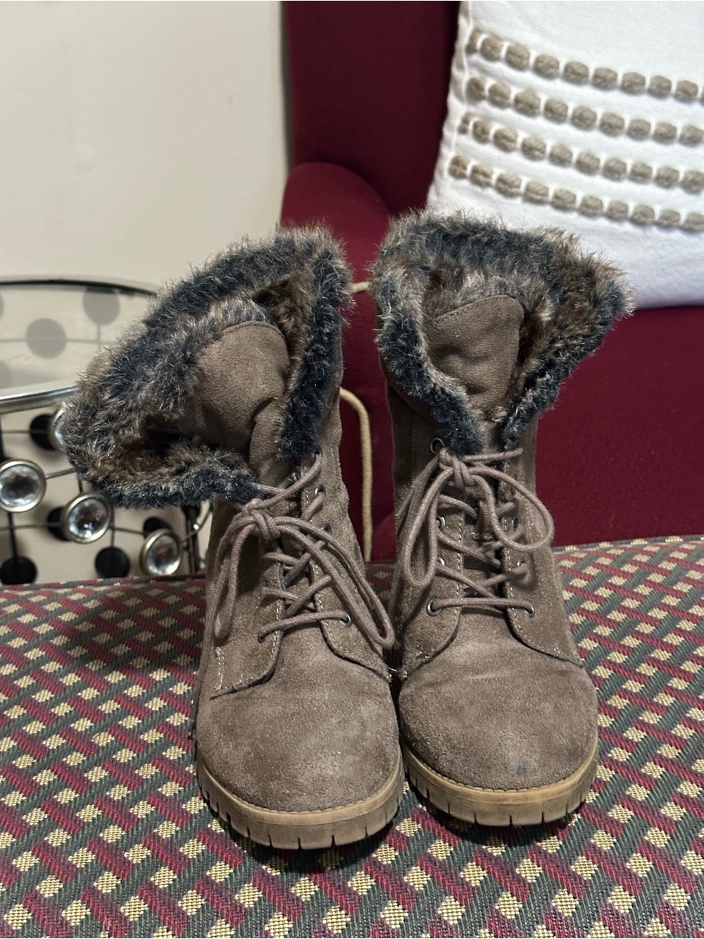 Jellypop Faux-Fur Brown Suede Lace-Up Ankle Boots